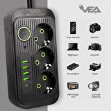 Vea VA-21565 4xUSB+Type-C 3'lü 1.5 Metre Akım Korumalı Priz Siyah