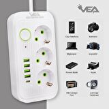 Vea VA-21566 4xUSB+Type-C 3'lü 1.5 Metre Akım Korumalı Priz Beyaz