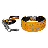 Markapet Elegance Deri İşlemeli Lüks Köpek Tasma Seti XL 7 cm*60-68 cm Sarı
