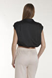 Siyah Crop Saten Gömlek | 36