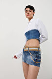 Blue White Kemer Detaylı Mini Jean Etek