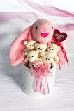 SOLE Premium Özel Hediye Kutusunda  45 cm Pembe Bunny Tavşan ve 5 Adet Krem Peluş Ayıcık Buketi
