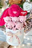 SOLE Premium Özel Hediye Kutusunda 45 cm Fuşya Bunny Tavşan ve 5 Adet Pembe Peluş Ayıcık Buketi