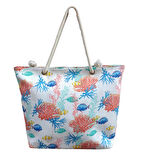 Kadın Plaj Çantası Fermuarlı İçi Astarlı Cepli Deniz Canlıları Çizimli Yumuşak Halat Saplı