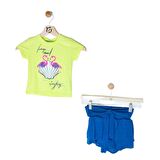 3-8 Yaş Kız Çocuk İkili Takım Neon Yeşil T-Shirt Mavi Şortlu