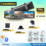 12 inç Kablosuz Carplay 3 Kameralı Dikiz Ayna Wifi, Bluetooth, Fm Transmitter, Sd, Park Modu 1080P