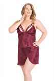 Aria's Closet Büyük Beden Bordo Kısa Jakarlı Gecelik