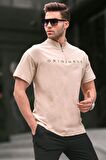 Erkek Fermuar Yaka Pamuklu T-Shirt 5858 Bej
