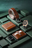 Erkek Kol Saati Kemer Cüzdan Kartlık Çakmak Hediyelik Kutusunda Taba Set