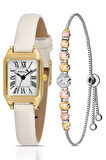 Romen Rakamlı Deri Kordon Kadın Kol Saati Dorika Bileklik Kombin Beyaz Gold Renk Pl-1517B2
