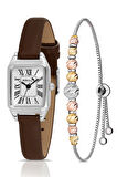 Romen Rakamlı Deri Kordon Kadın Kol Saati Dorika Bileklik Kombin Kahverengi Gümüş Renk PL-1517B8