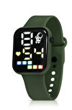 Silikon Kordon Dijital Renkli Işıklı Unisex Kol Saati Koyu Yeşil Renk