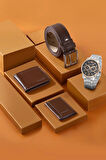 Erkek Kol Saati Cüzdan Kemer Kartlık Klasik Kombin Kahverengi Set PL-0851E3