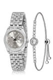 Mercan Takvimli Kadın Kol Saati Zirkon Taşlı Yuvarlak Bileklik Kombin Gümüş Gri Renk PL-1519B8