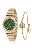Tek Sıra Lüx Taşlı Kadın Kol Saati Zirkon Taşlı Çiçek Bileklik Gold-Yeşil PL-1490B3