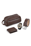 Erkek Kol Saati El Çantası Cüzdan Kemer Set Siyah Kombin PL-0875E4 Kahverengi