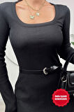 Orlina Kadın Uzun Kollu Kemersiz Bodycon Siyah Triko Elbise - Günlük Şıklık