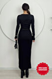 Orlina Kadın Uzun Kollu Kemersiz Bodycon Siyah Triko Elbise - Günlük Şıklık