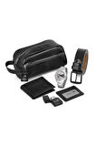 Erkek Kol Saati El Çantası Cüzdan Kemer Kartlık Çakmak Set Gümüş Siyah Renk Kombin PL-7011E3