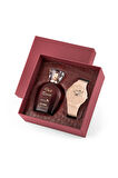 Spor Gün Ay Takvimli Kadın Kol Saati Parfüm Bordo Hediyelik Kutsunda Set Bej Renk ST-2169S11