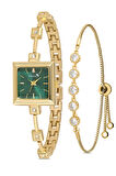 Kare Kasa Taşlı Kordon Kadın Kol Saati Zirkon Taşlı 5 Taş Bileklik Kombin Gold Yeşil Renk PL-1543B3