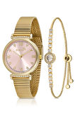 Klasik Kadın Kol Saati Zirkon Taşlı Yuvarlak Bileklik Kombin Gold Pembe Renk PL-1554B10