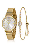 Klasik Kadın Kol Saati Zirkon Taşlı Yuvarlak Bileklik Kombin Gold Renk PL-1554B1