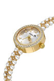 İnci Taşlı Görünümlü Kadın Kol Saati Zirkon Taşlı 5 Taş Bileklik Kombin Beyaz Gold Renk PL-1528B1