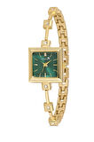 Kare Kasa Taşlı Kordon Kadın Kol Saati Gold Yeşil Renk PL-1543B3x