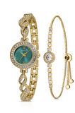 Zarif Vintage Kadın Kol Saati Zirkon Taşlı Yuvarlak Bileklik Kombin Gold Yeşil Renk PL-1538B3
