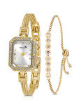 Hasır Metal Kordon Kadın Kol Saati Zirkon Taşlı Su Yolu Bileklik Kombin Gold Renk PL-1545B1