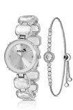 Lüx Taşlı Kordon Kadın Kol Saati Zirkon Taşlı Yuvarlak Bileklik Kombin Gümüş Renk PL-1533B2