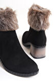 JET-JULIA Fermuarlı Ortopedik Taban Tüylü Topuklu Süet Kadın Bot  SST - Siyah