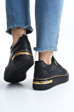 JET-DINA Bağcıklı Fermuarlı Ortopedik Taban Kadın Sneaker Spor Ayakkabı  CST - Siyah/Altın