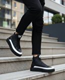 ET0811 Yüksek Taban Siyah Paraşüt Kumaş Beyaz Cilt Detaylı Yarım Bilek Spor Bot