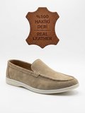 ET0252 %100 İçi Dışı Hakiki Deri Erkek Krem Süet Casual Loafer Termo Taban Ayakkabı