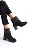 JET-KATYA Fermuarlı Ortopedik Taban Topuklu Kürk Detaylı Süet Kadın Bot  SST - Siyah