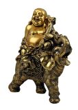 Lüks Motifli İşlemeli Fil Üzerinde Buda Biblo Heykel Vitrin Masa Süsü Ev & Yılbaşı Hediyesi 18 cm. C