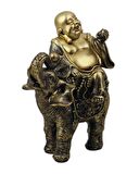 Lüks Motifli İşlemeli Fil Üzerinde Buda Biblo Heykel Vitrin Masa Süsü Ev & Yılbaşı Hediyesi 18 cm. D
