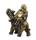 Lüks Motifli İşlemeli Fil Üzerinde Buda Biblo Heykel Vitrin Masa Süsü Ev & Yılbaşı Hediyesi 18 cm. D