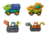 Dino Truck Dinozor Başlı Motor Becerisi Geliştirici 4’lü İş Makineleri Çek Bırak Oyuncak Araba Seti