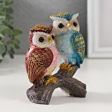 Lüks İşlemeli Canlı Renkli Dal Üzerinde İkili Baykuş Çift Heykeli Dekoratif Biblo Ev & Ofis Hediyesi