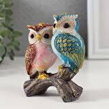 Lüks İşlemeli Canlı Renkli Dal Üzerinde İkili Baykuş Çift Heykeli Dekoratif Biblo Ev & Ofis Hediyesi