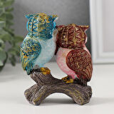 Lüks İşlemeli Canlı Renkli Dal Üzerinde İkili Baykuş Çift Heykeli Dekoratif Biblo Ev & Ofis Hediyesi