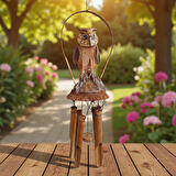 El Yapımı Doğal Ahşap & Coconut Baykuş Tasarımlı Rüzgar Çanı 90cm Balkon Bahçe Dekoru Hediyelik Ürün