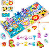 Montessori 5’i 1 Arada Ahşap Öğretici Eğitici Oyuncak Seti Balık Tutma Şekiller Sayılar Halkalar