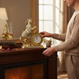 Lüks İşlemeli Saatli At Heykeli Dekoratif Masaüstü Biblo Ev & Ofis Hediyesi 16 cm. Yeni Yıl Hediyesi