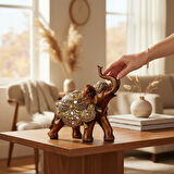 Lüks Ayna ve Nakış İşlemeli Feng Shui Şans Getiren Fil Heykeli Dekoratif Biblo 17cm Yeni Ev Hediyesi