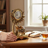 Lüks İşlemeli Saatli Fil Heykeli Dekoratif Masaüstü Biblo Yeni Yıl Yeni Ev & Ofis Hediyesi 17 cm.