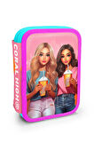 Coral High Kids Pembe Neon Mercan Fashion Girl Desenli Çift Katlı Kalem Çanta 11141 